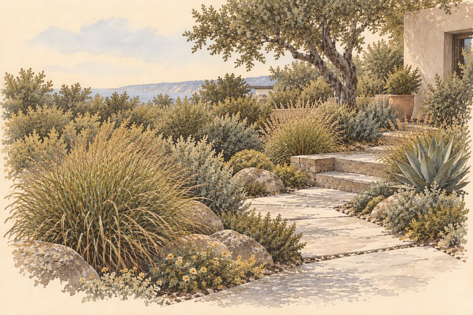 A mature waterwise La Jolla garden in strong coastal light, with the distant ocean held quietly behind the landscape.