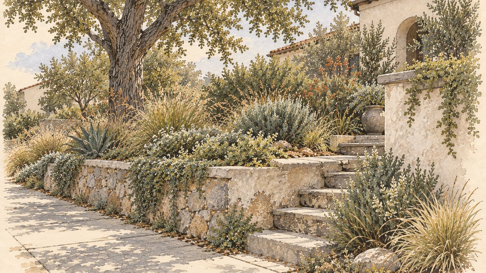 A mature Mission Hills garden edge where shade, grade, planting, and older retaining material create several conditions.
