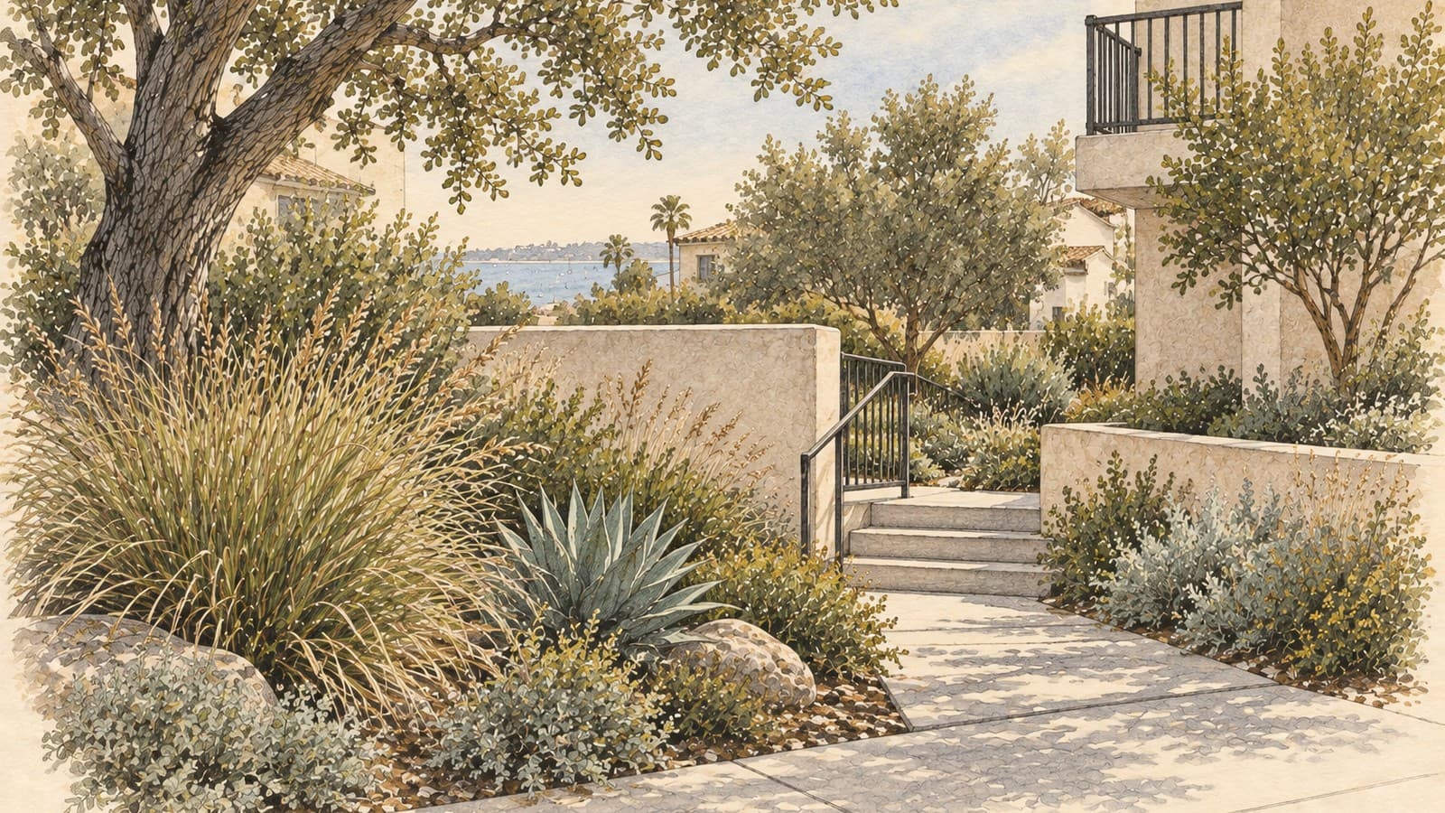 A shared Point Loma entry where coastal exposure, circulation, privacy walls, and planting meet.