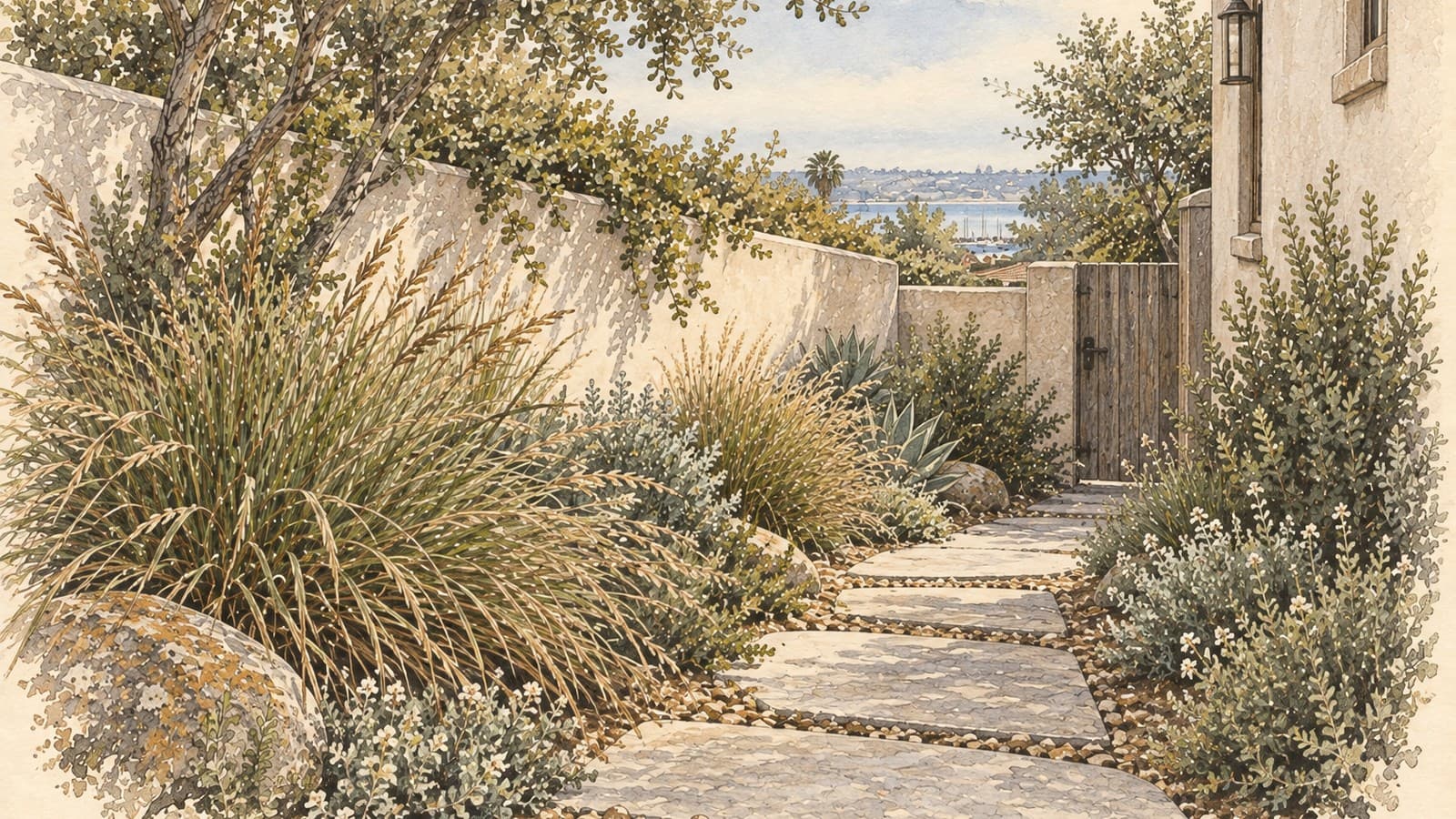 A narrow Point Loma side yard where a weathered gate, coastal haze, paving, and wind-shaped planting meet.