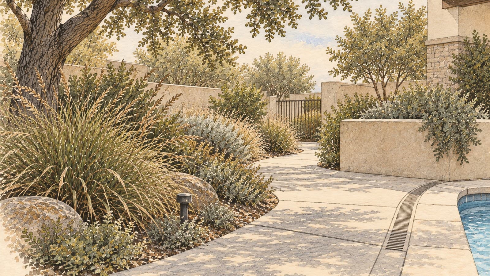A cared-for planting edge beside a pool, observed where paving, drainage, shade, and circulation meet.